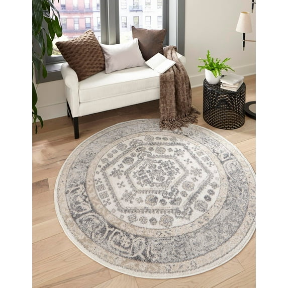 Rugs.com Aurelia Collection Rug – 7 Ft Round Ivory Medium-Pile Rug Perfect For Kitchens, Dining Rooms
