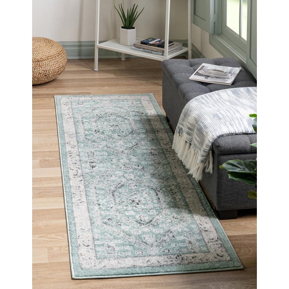 Rugs.com Aurelia Collection Rug – 8 Ft Runner Aqua Medium-Pile Rug Perfect For Hallways, Entryways