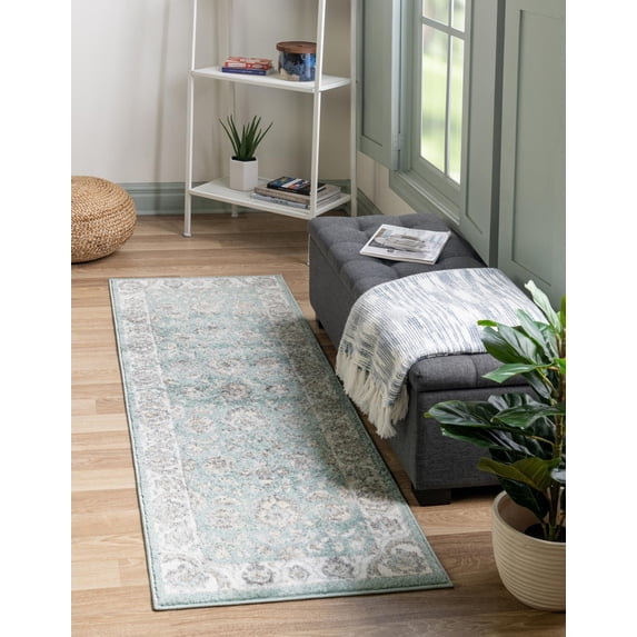 Rugs.com Aurelia Collection Rug – 8 Ft Runner Aqua Medium-Pile Rug Perfect For Hallways, Entryways