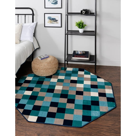 Rugs.com Azalea Collection Rug – 5 Ft Octagon Teal Medium Rug Perfect For Living Rooms, Kitchens, Entryways