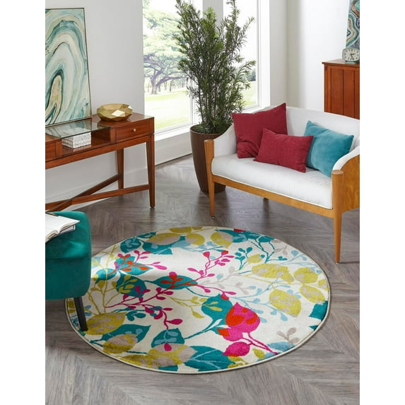 Rugs.com Azalea Collection Rug – 5 Ft Round Ivory Medium Rug Perfect For Kitchens, Dining Rooms