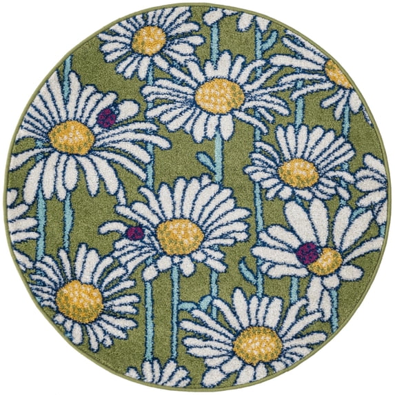 Rugs.com Bloom Collection Rug – 3 Ft Round Green Medium-Pile Rug Perfect For Kitchens, Dining Rooms