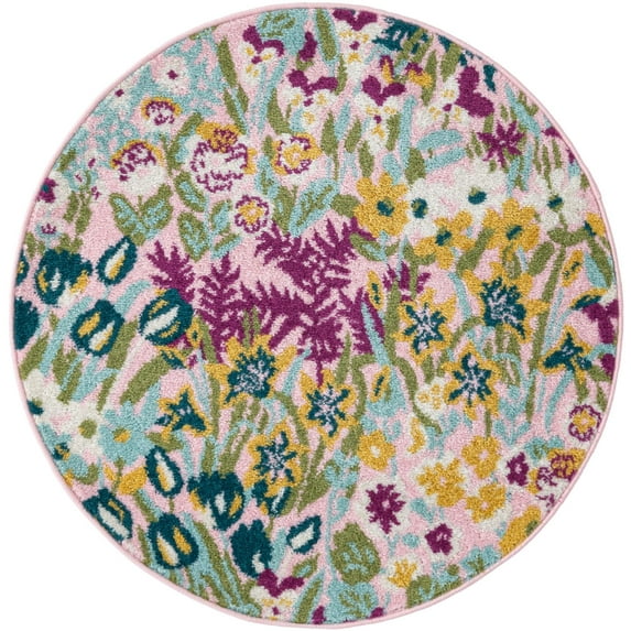 Rugs.com Bloom Collection Rug – 3 Ft Round Pink Medium-Pile Rug Perfect For Kitchens, Dining Rooms