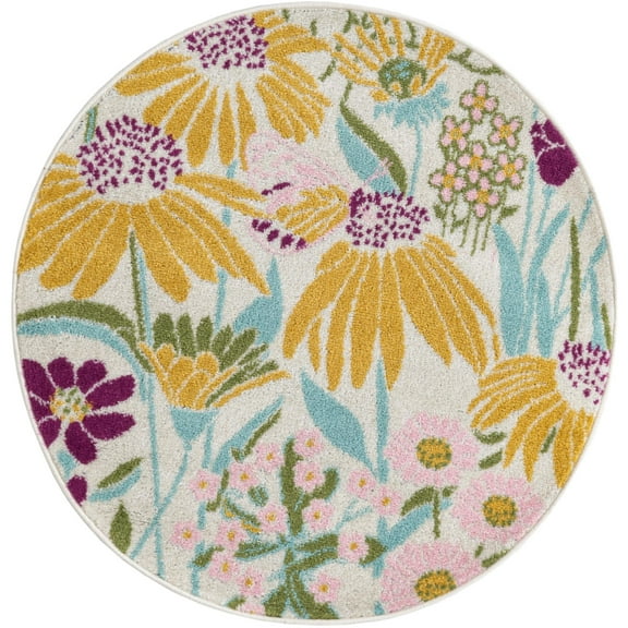 Rugs.com Bloom Collection Rug – 3 Ft Round White Medium-Pile Rug Perfect For Kitchens, Dining Rooms