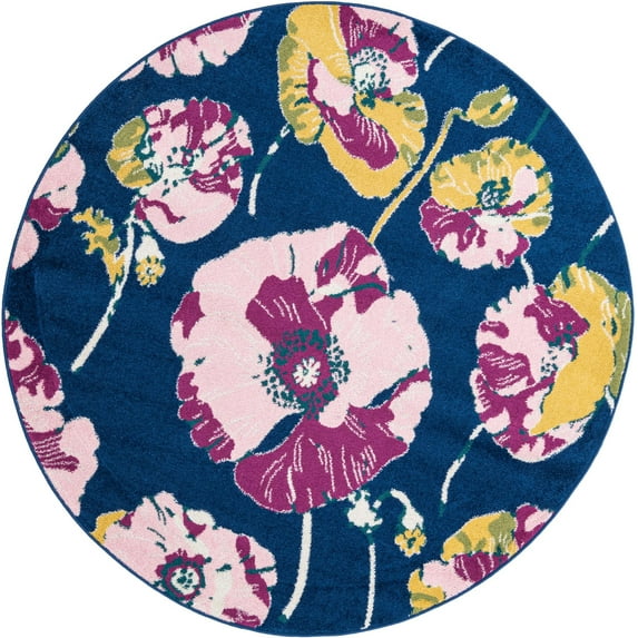 Rugs.com Bloom Collection Rug – 5 Ft Round Navy Medium-Pile Rug Perfect For Kitchens, Dining Rooms