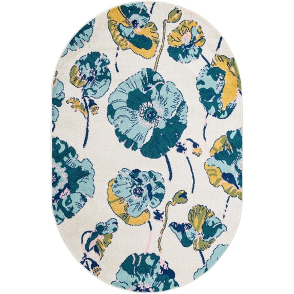 Rugs.com Bloom Collection Rug – 5' x 8' Oval White Medium-Pile Rug Perfect For Living Rooms, Large Dining Rooms, Open Floorplans