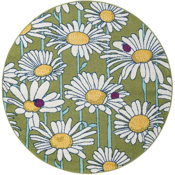 Rugs.com Bloom Collection Rug – 6 Ft Round Green Medium-Pile Rug Perfect For Kitchens, Dining Rooms