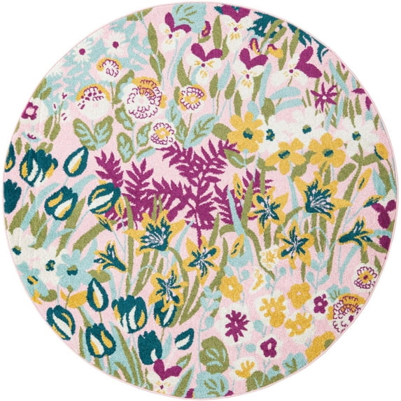 Rugs.com Bloom Collection Rug – 6 Ft Round Pink Medium-Pile Rug Perfect For Kitchens, Dining Rooms