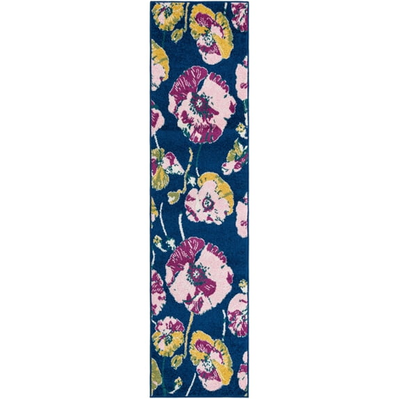 Rugs.com Bloom Collection Rug – 6 Ft Runner Navy Blue Medium-Pile Rug Perfect For Hallways, Entryways