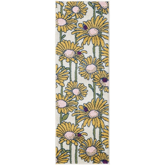 Rugs.com Bloom Collection Rug – 6 Ft Runner White Medium-Pile Rug Perfect For Hallways, Entryways