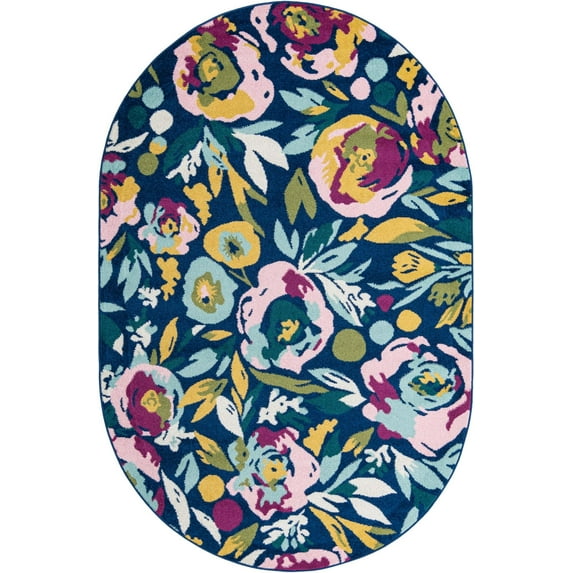 Rugs.com Bloom Collection Rug – 6' x 9' Oval Navy Blue Medium-Pile Rug Perfect For Living Rooms, Large Dining Rooms, Open Floorplans