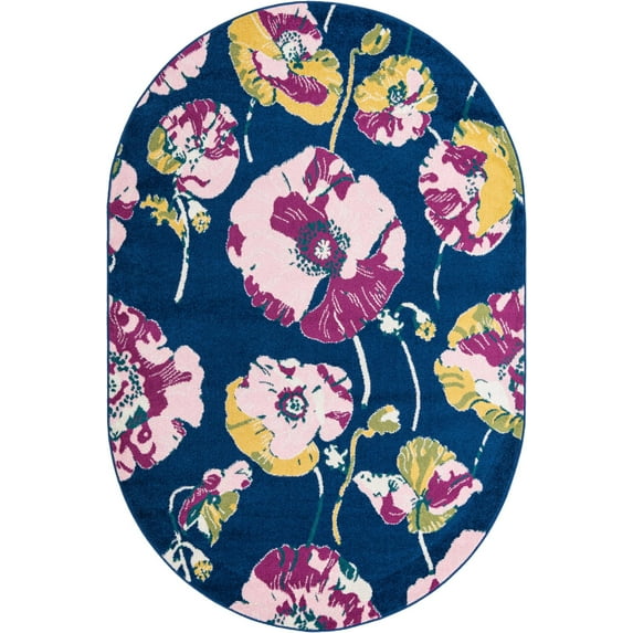 Rugs.com Bloom Collection Rug – 6' x 9' Oval Navy Blue Medium-Pile Rug Perfect For Living Rooms, Large Dining Rooms, Open Floorplans
