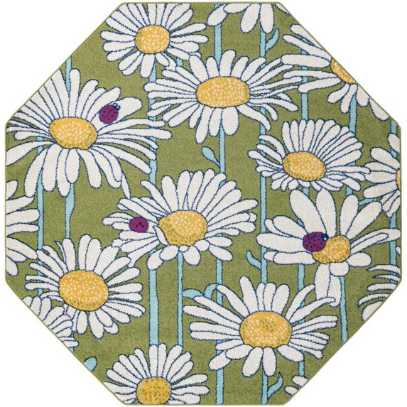 Rugs.com Bloom Collection Rug – 7 Ft Octagon Green Medium-Pile Rug Perfect For Living Rooms, Kitchens, Entryways