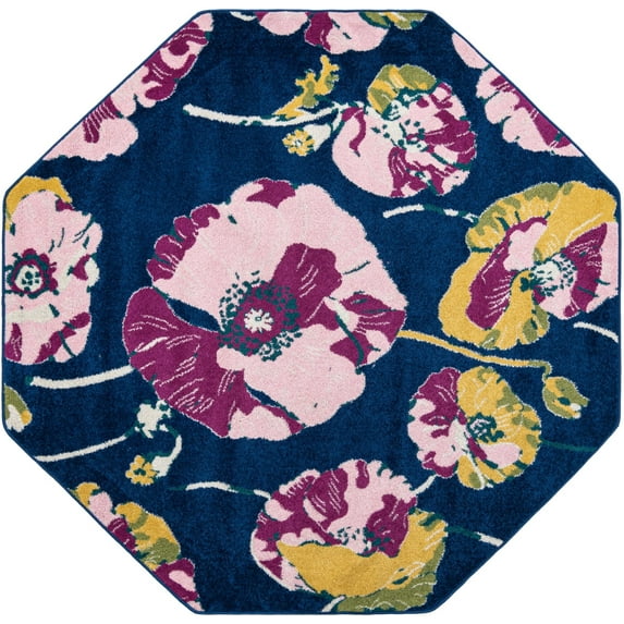 Rugs.com Bloom Collection Rug – 7 Ft Octagon Navy Blue Medium-Pile Rug Perfect For Living Rooms, Kitchens, Entryways