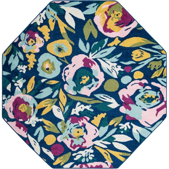 Rugs.com Bloom Collection Rug – 7 Ft Octagon Navy Blue Medium-Pile Rug Perfect For Living Rooms, Kitchens, Entryways