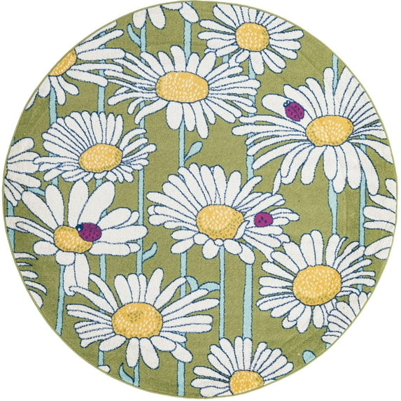 Rugs.com Bloom Collection Rug – 7 Ft Round Green Medium-Pile Rug Perfect For Kitchens, Dining Rooms