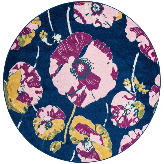 Rugs.com Bloom Collection Rug – 7 Ft Round Navy Blue Medium-Pile Rug Perfect For Kitchens, Dining Rooms