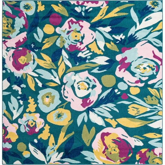 Rugs.com Bloom Collection Rug – 8 Ft Square Teal Medium-Pile Rug Perfect For Living Rooms, Kitchens, Entryways