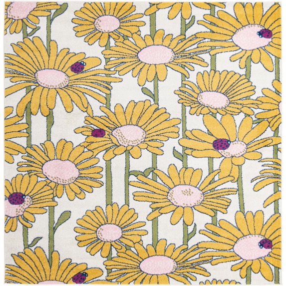 Rugs.com Bloom Collection Rug – 8 Ft Square White Medium-Pile Rug Perfect For Living Rooms, Kitchens, Entryways