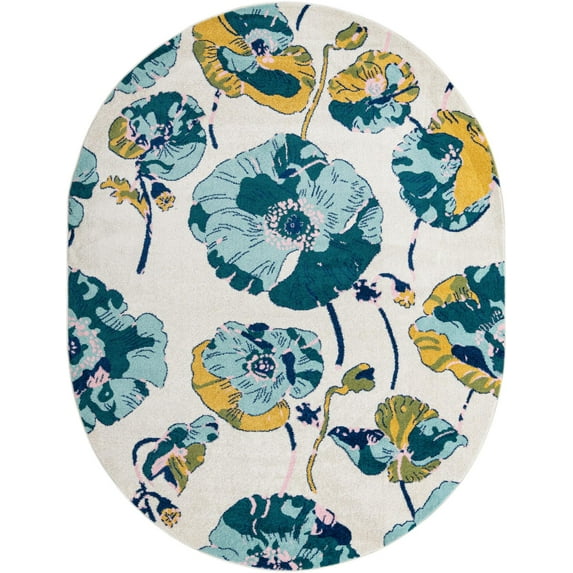 Rugs.com Bloom Collection Rug – 8' x 10' Oval White Medium-Pile Rug Perfect For Living Rooms, Large Dining Rooms, Open Floorplans