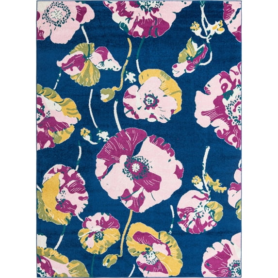 Rugs.com Bloom Collection Rug – 9' x 12' Navy Blue Medium-Pile Rug Perfect For Living Rooms, Large Dining Rooms, Open Floorplans