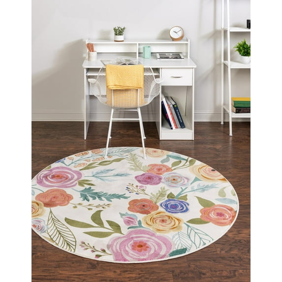 Rugs.com Blossom Collection Rug – 10 Ft Round Ivory Medium Rug Perfect For Kitchens, Dining Rooms