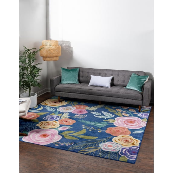 Rugs.com Blossom Collection Rug – 10 Ft Square Blue Medium Rug Perfect For Living Rooms, Kitchens, Entryways