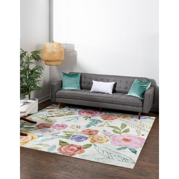 Rugs.com Blossom Collection Rug – 10 Ft Square Ivory Medium Rug Perfect For Living Rooms, Kitchens, Entryways