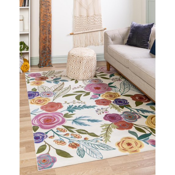 Rugs.com Blossom Collection Rug – 10' x 14' Ivory Medium Rug Perfect For Living Rooms, Large Dining Rooms, Open Floorplans