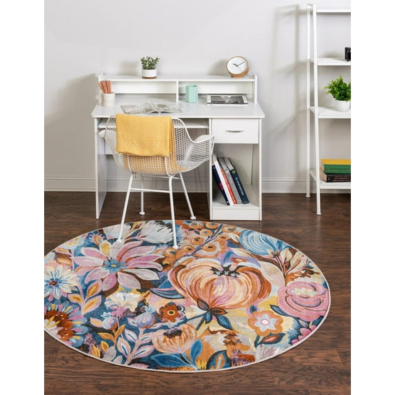 Rugs.com Blossom Collection Rug – 5 Ft Round Multi Medium Rug Perfect For Kitchens, Dining Rooms
