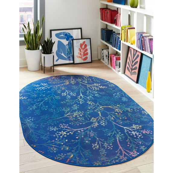 Rugs.com Blossom Collection Rug – 5' x 8' Oval Blue Medium Rug Perfect For Living Rooms, Large Dining Rooms, Open Floorplans