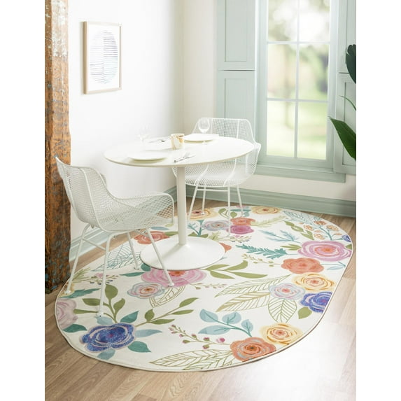 Rugs.com Blossom Collection Rug – 5' x 8' Oval Ivory Medium Rug Perfect For Living Rooms, Large Dining Rooms, Open Floorplans
