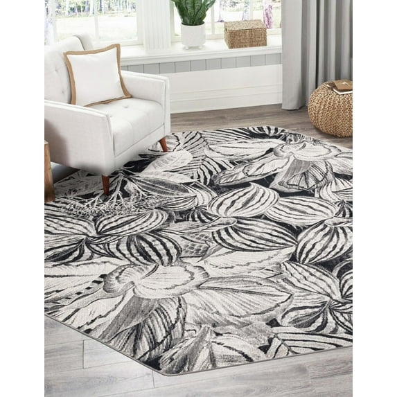 Rugs.com Blossom Collection Rug – 6 Ft Octagon Charcoal Medium Rug Perfect For Living Rooms, Kitchens, Entryways