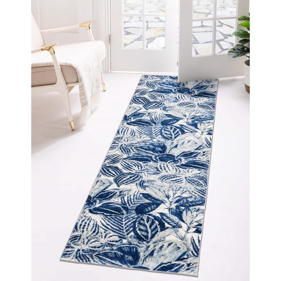 Rugs.com Blossom Collection Rug – 6 Ft Runner Navy Blue Medium Rug Perfect For Hallways, Entryways