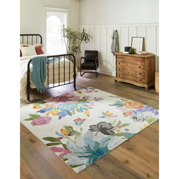 Rugs.com Blossom Collection Rug – 8 Ft Square Ivory Medium Rug Perfect For Living Rooms, Kitchens, Entryways