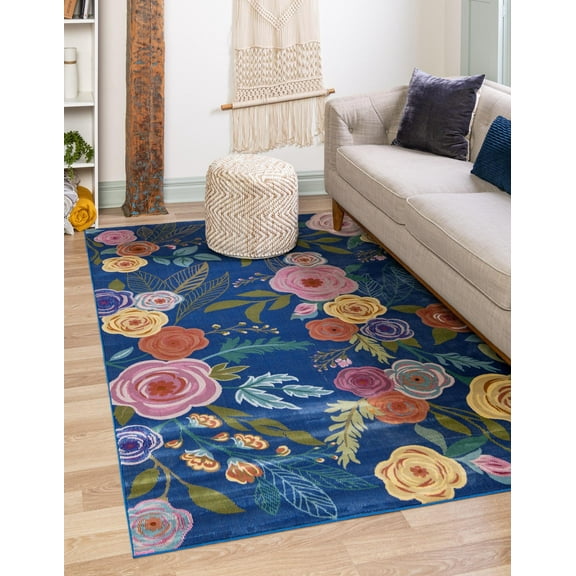 Rugs.com Blossom Collection Rug – 8' x 10' Blue Medium Rug Perfect For Living Rooms, Large Dining Rooms, Open Floorplans