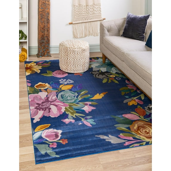 Rugs.com Blossom Collection Rug – 8' x 10' Blue Medium Rug Perfect For Living Rooms, Large Dining Rooms, Open Floorplans
