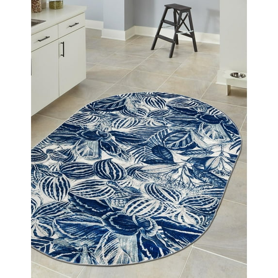 Rugs.com Blossom Collection Rug – 8' x 10' Oval Navy Blue Medium Rug Perfect For Living Rooms, Large Dining Rooms, Open Floorplans