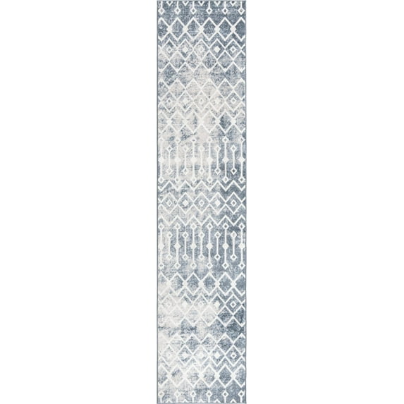 Rugs.com Bohemian Trellis Collection Rug – 12 Ft Runner Vintage Blue Low Rug Perfect For Hallways, Entryways