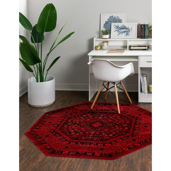 Rugs.com Bokhara Collection Rug – 8 Ft Octagon Red Low Rug Perfect For Living Rooms, Kitchens, Entryways