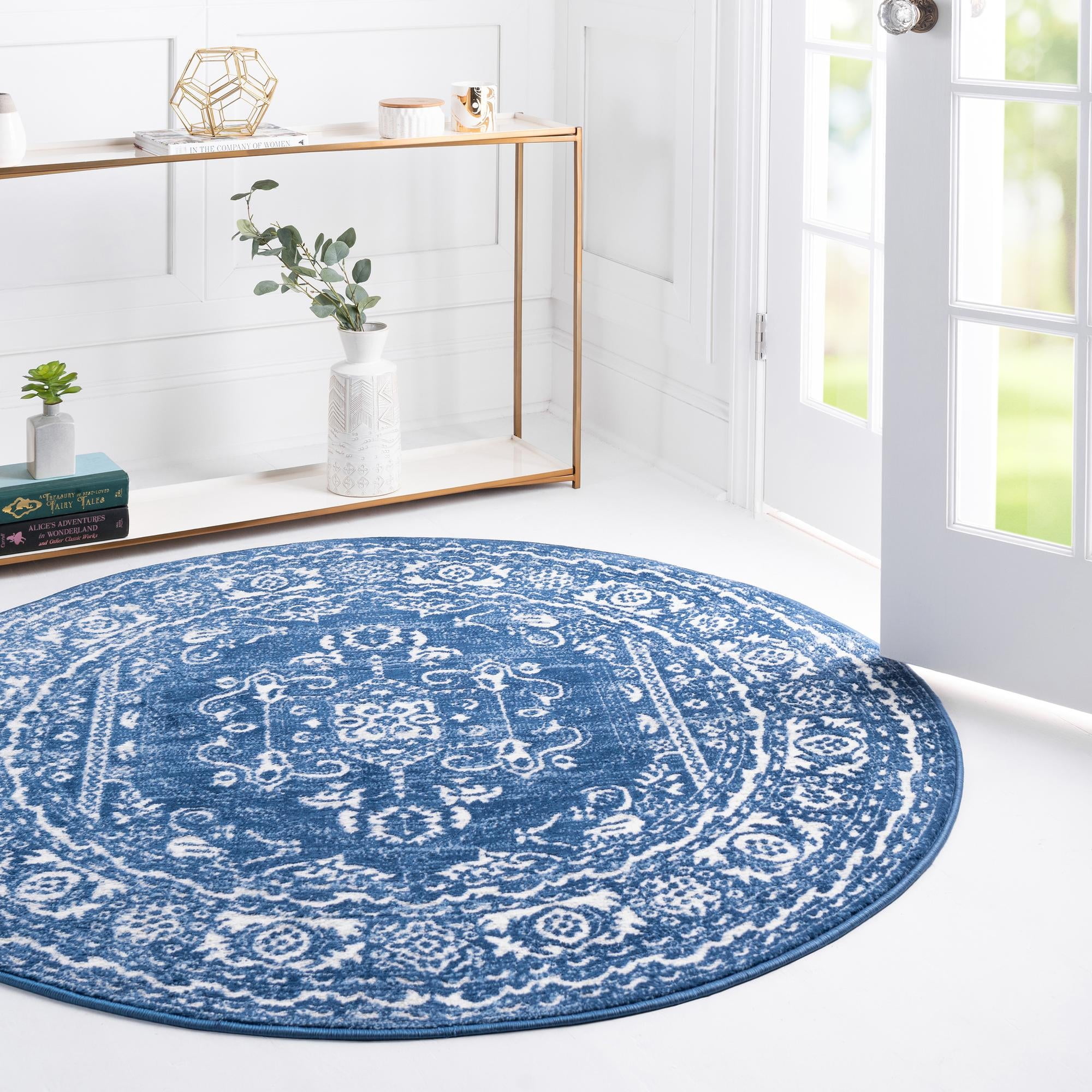 Rugs Boston Collection Blue Floral Pattern Area Rug, 3 Ft Round, Low ...