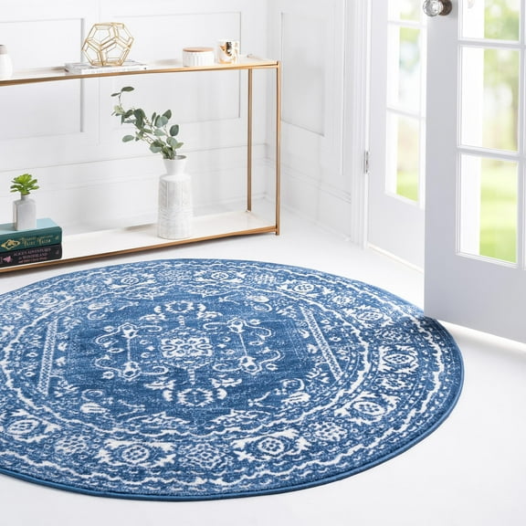 Rugs.com Boston Collection Rug – 5 Ft Round Blue Low-Pile Rug Perfect For Kitchens, Dining Rooms