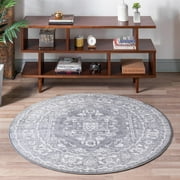 Rugs.com Boston Collection Rug – 5 Ft Round Gray Low-Pile Rug Perfect For Kitchens, Dining Rooms