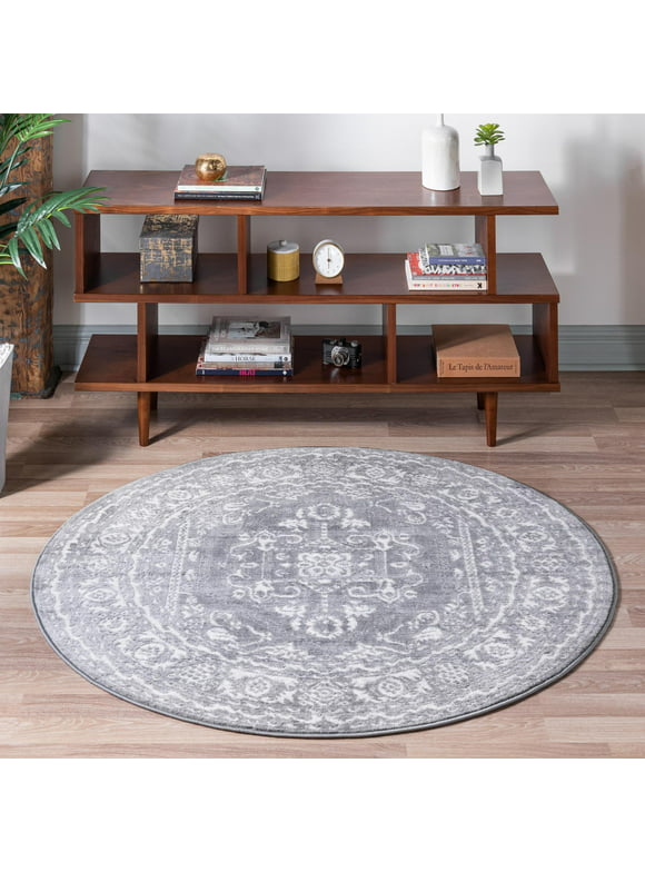 Rugs.com Boston Collection Rug – 5 Ft Round Gray Low-Pile Rug Perfect For Kitchens, Dining Rooms