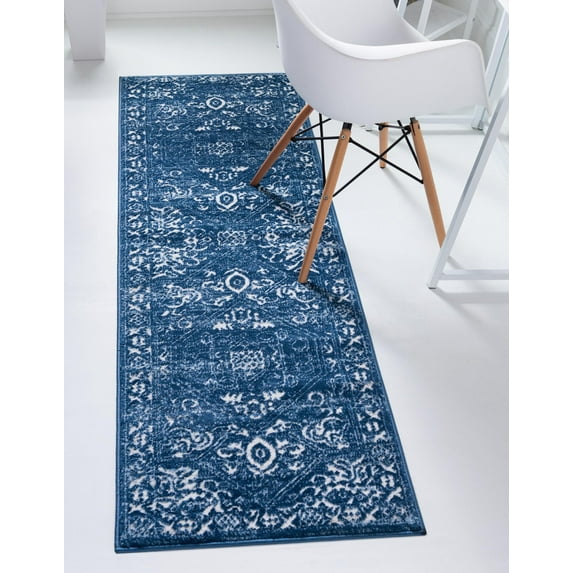 Rugs.com Boston Collection Rug – 8 Ft Runner Blue Low-Pile Rug Perfect For Hallways, Entryways