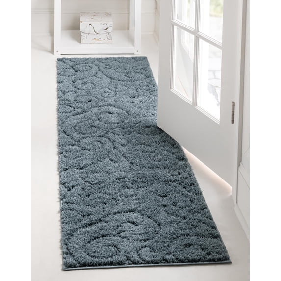 Rugs.com Botanical Shag Collection Rug – 10 Ft Runner Blue Shag Rug Perfect For Hallways, Entryways