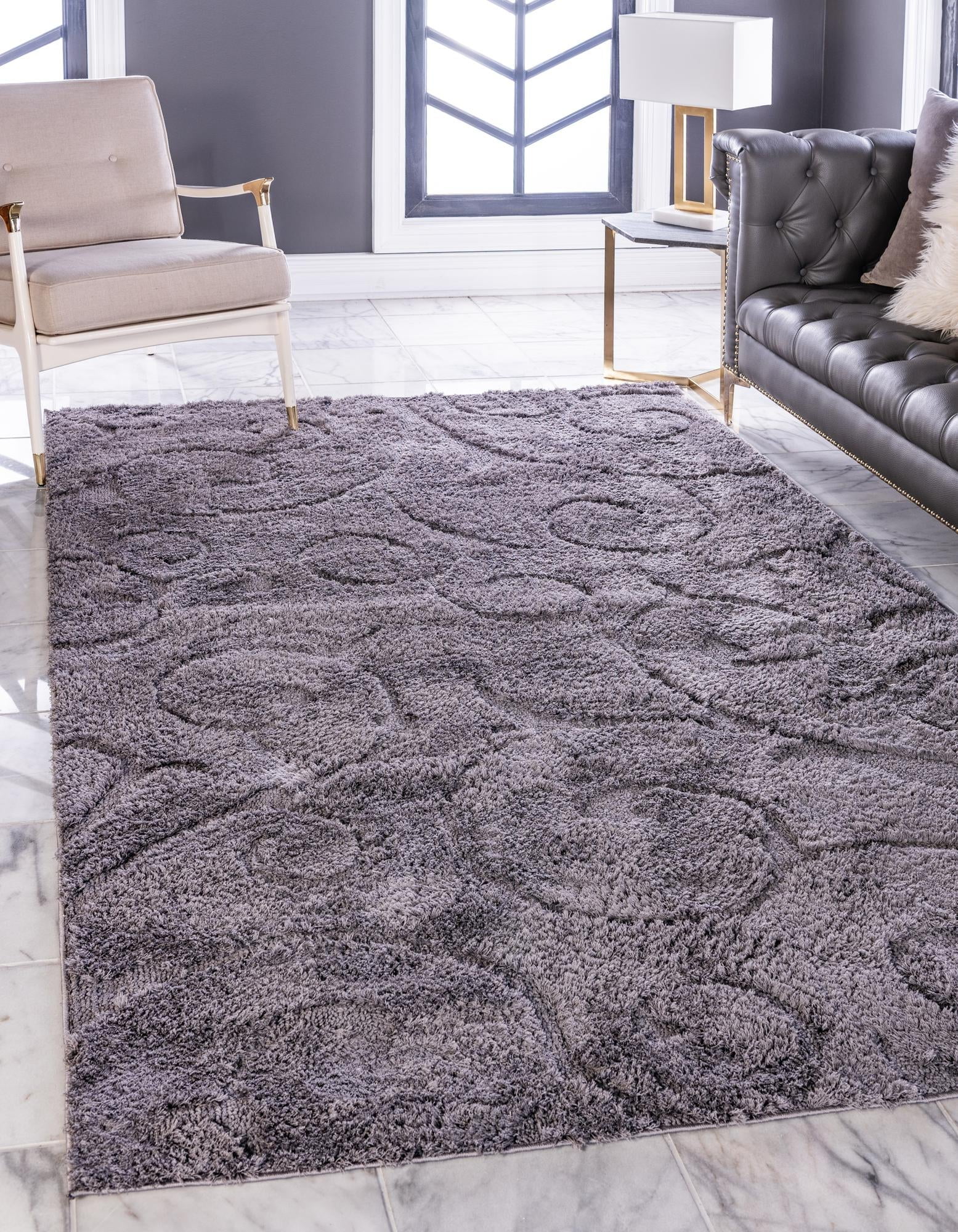 Dark Gray Floral Shag Rectangular Easy Care Rug, 5' x 8'
