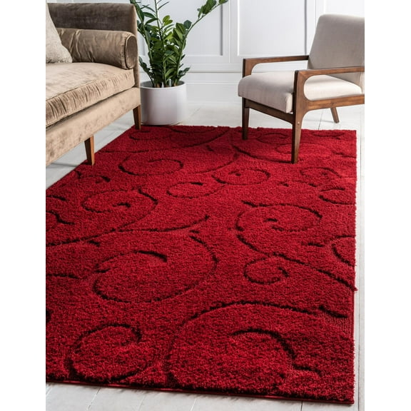 Rugs.com Botanical Shag Collection Rug – 5' x 8' Red Shag Rug Perfect For Living Rooms, Large Dining Rooms, Open Floorplans