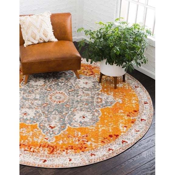 Rugs.com Brighella Collection Rug – 10 Ft Round Orange Medium Rug Perfect For Kitchens, Dining Rooms