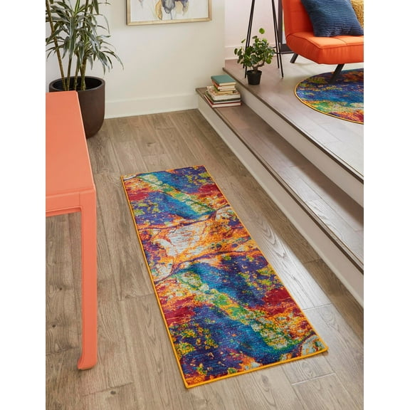 Rugs.com Calypso Collection Rug – 12 Ft Runner Multi Medium Rug Perfect For Hallways, Entryways